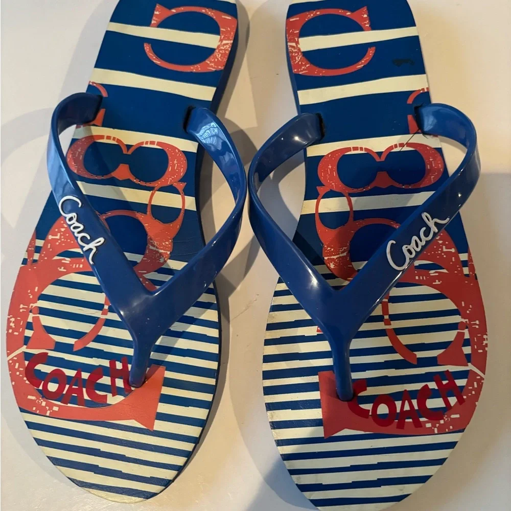 Coach KALI Sz 7 Striped Blue and Red Flip Flops - Picture 2 of 9